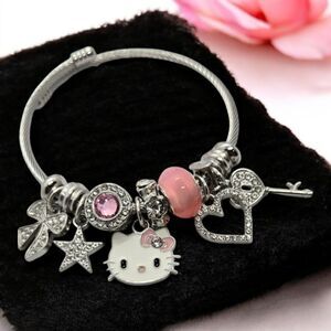Hello Kitty Beaded Charm Bracelet Rhinestone Silver Heart Bow Cat Star Jewelry
